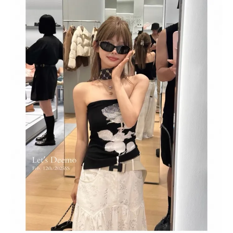 DEEMO STUDIO【澳洲玫瑰之夜】私服款自制玫瑰印花高弹针织抹胸