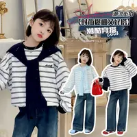 女童休闲卫衣儿童2025秋款韩范条纹披肩宽松上衣圆领长袖秋衣2975
