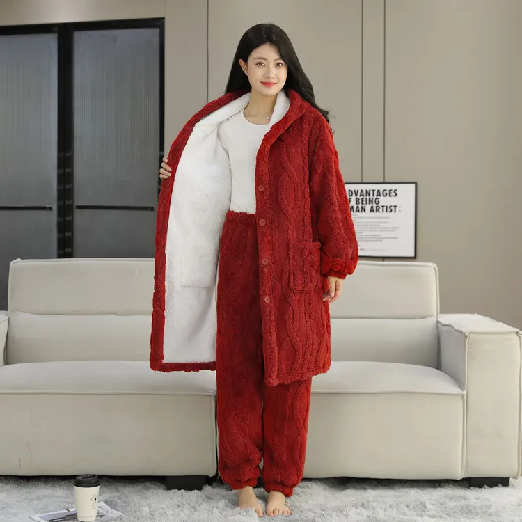 【零下15度】双层高端一体绒加绒连帽套装外穿居家睡衣家居服