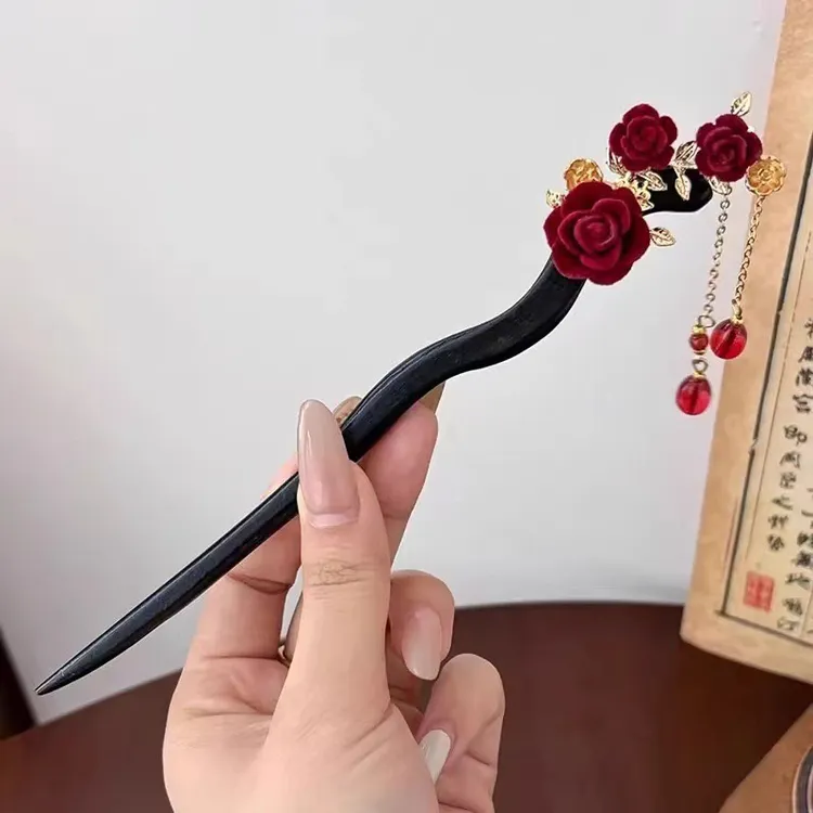 清风集原创玫瑰花木盘发簪子古风汉服旗袍日常丸子头新中式发饰