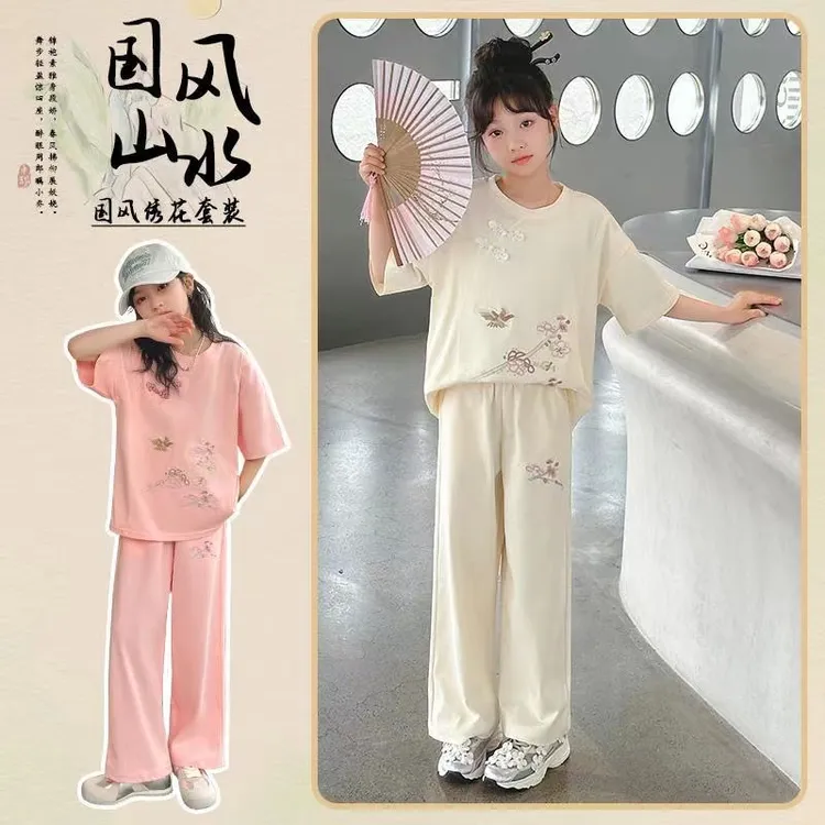 女童夏季新中式短袖套装2025新款网红洋气大童中国风阔腿裤两件套