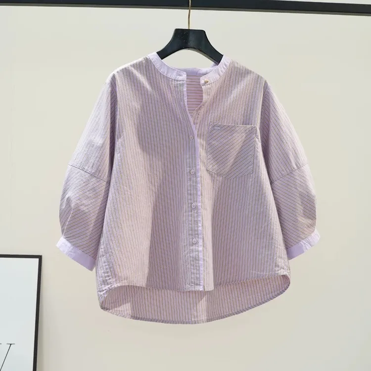 紫色条纹圆领7分袖棉衬衫女2025夏季文艺范宽松休闲衬衣百搭上衣