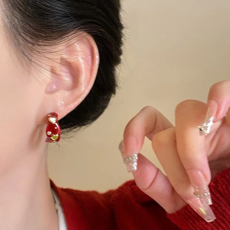 合金亚克力耳饰 复古红色滴釉C型锆石耳钉2025新款爆款高级感气质