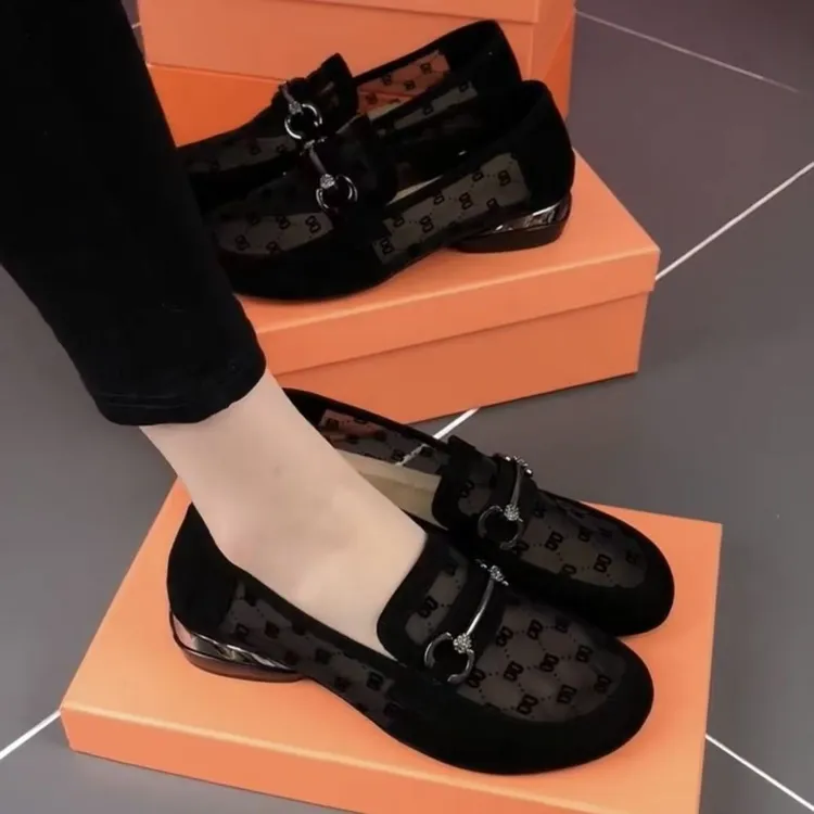 夏季新款圆头镂空网纱透气粗跟乐福鞋女单鞋