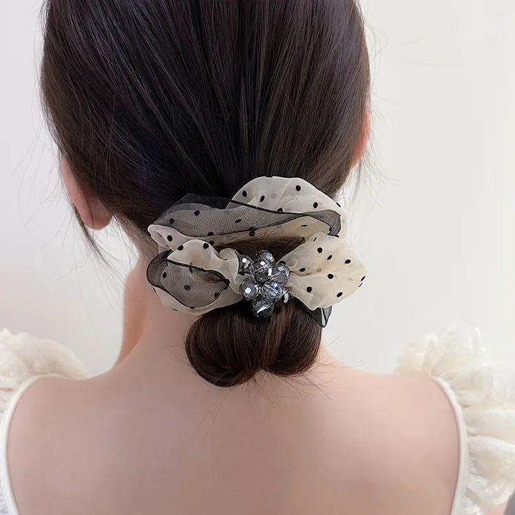 发圈女2025新款高级感水晶串珠波点大肠圈网纱皮筋简约扎丸子头绳