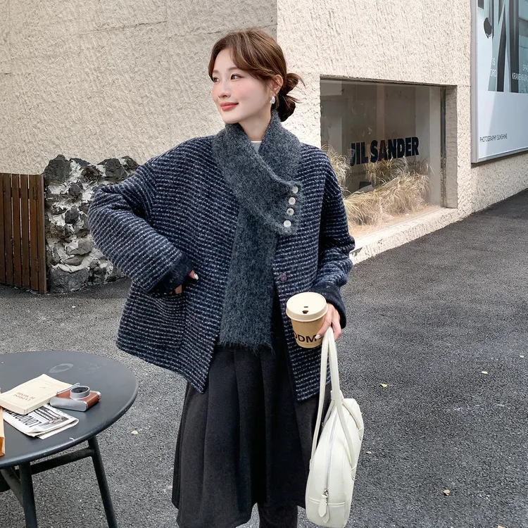 灰色巨好看围巾双面呢羊毛大衣女秋冬2025新款小个子短款毛呢外套