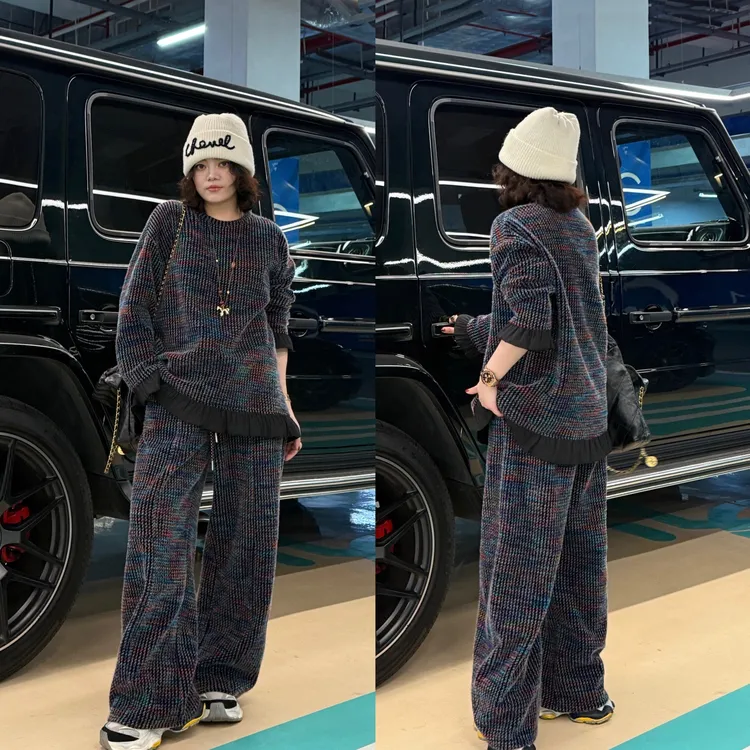 YDFSTUDIO小众【香榭格蕾】欧货重工高品撞色花边拼接上衣+裤子套装