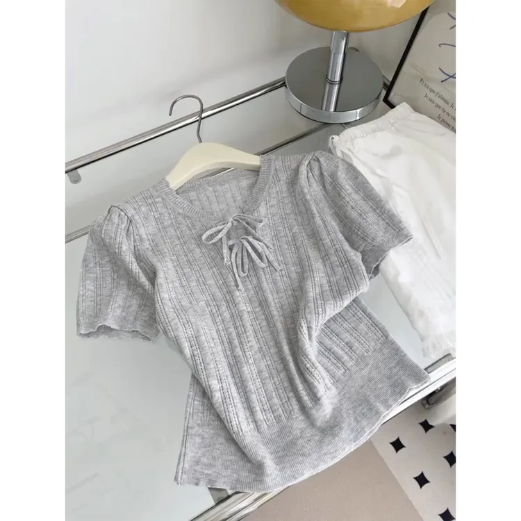 韩系甜美蝴蝶结绑带针织短袖T恤女2025夏季新款显瘦百搭正肩上衣