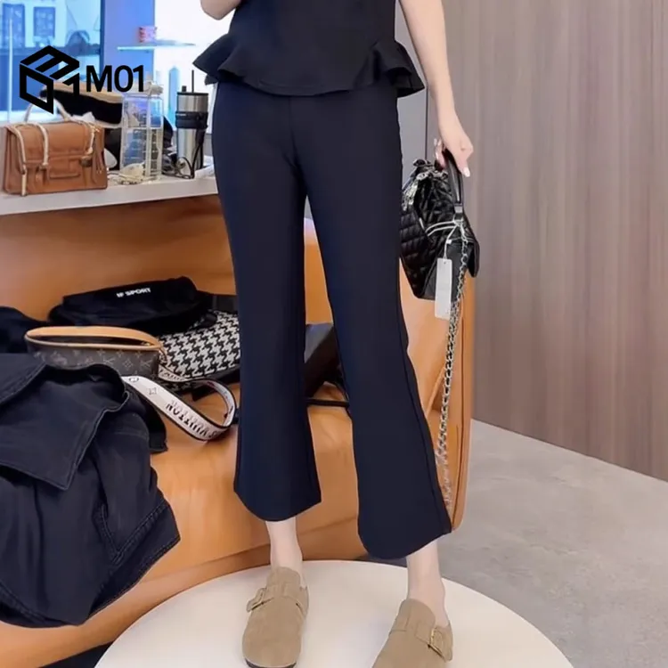 M01大码女装高腰显瘦修身九分微喇裤夏季薄款黑色百搭休闲直筒裤