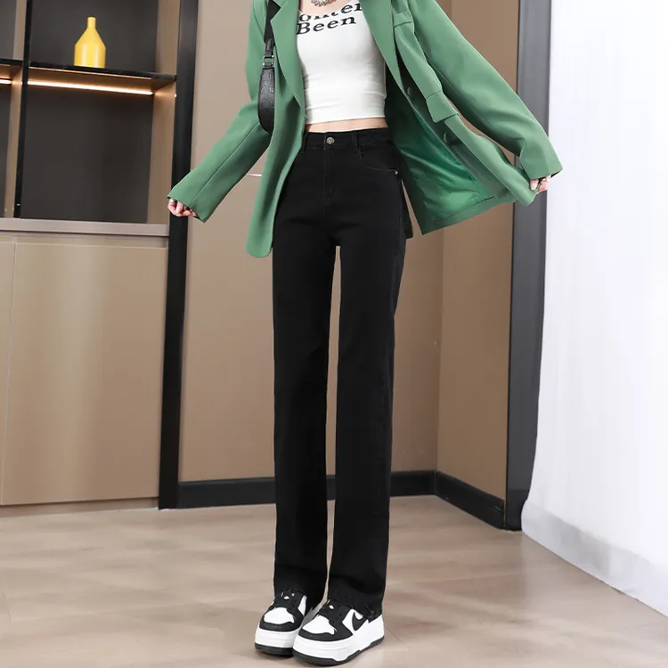 黑色直筒牛仔裤女2025年新款秋季修身百搭商务弹力高腰窄版长裤子