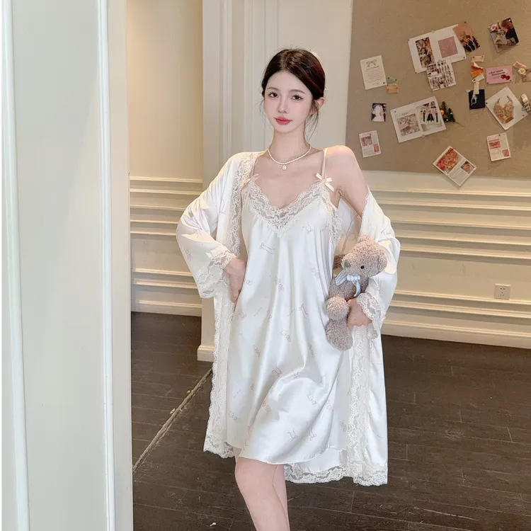 甜美吊带字母中长款夏季薄款睡裙不褪色蕾丝冰雪丝无袖裙纯欲温柔