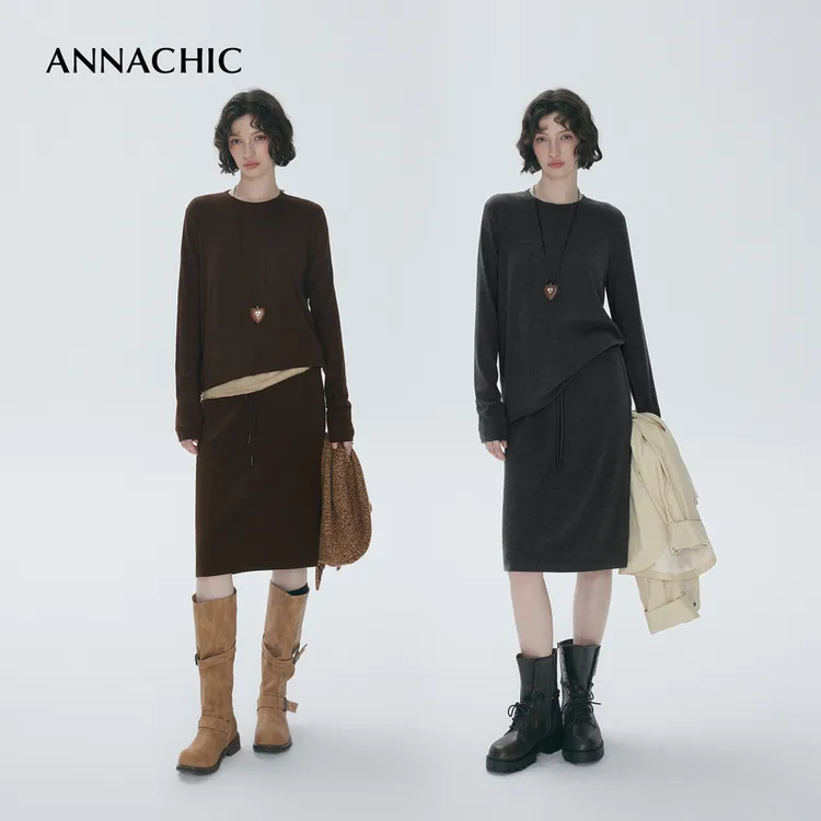 ANNACHIC时髦老钱穿搭_分割线宽松显瘦上衣女+松紧腰半身裙两件套