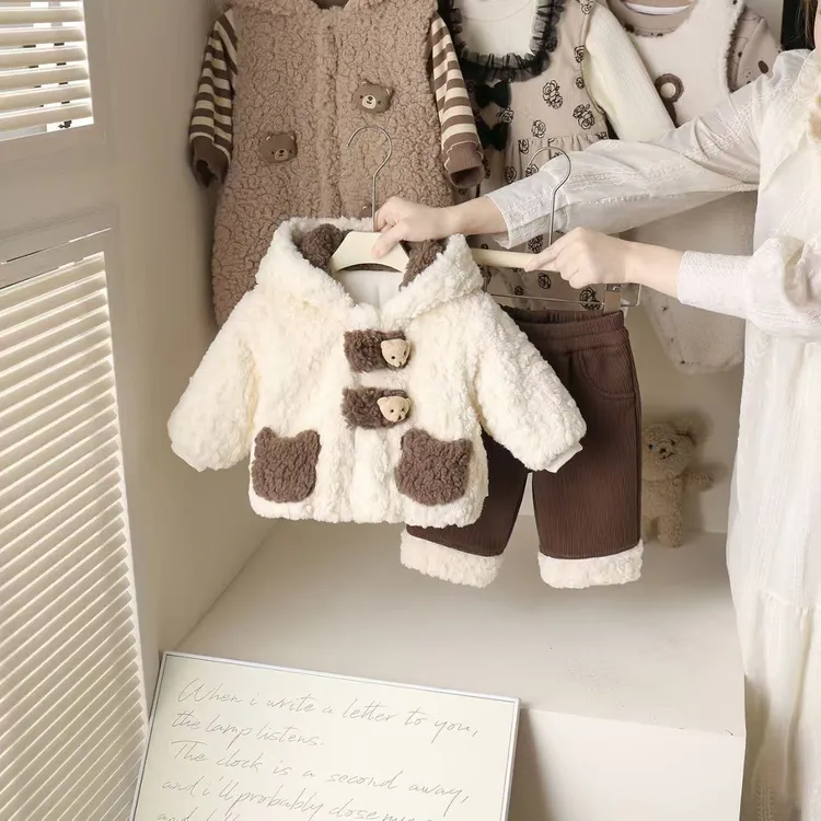 宝宝秋冬夹棉套装超萌女宝宝加棉加绒连帽棉衣幼儿保暖冬装两件套