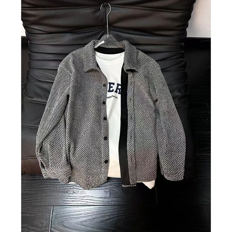 美式复古加绒衬衫男秋冬高级感cleanfit针织潮流外套宽松长袖衬衣