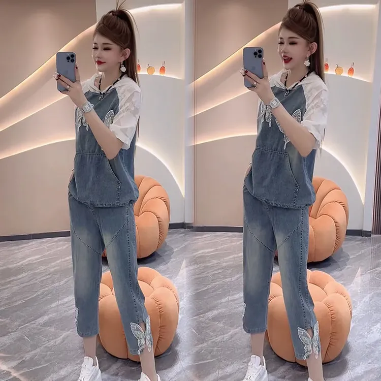 2025春夏新款短袖牛仔套装女宽松大码八分裤显瘦遮肚气质两件套潮