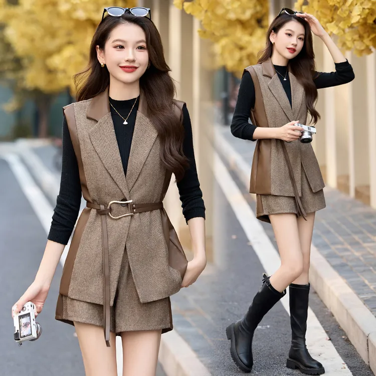 三件套短款时尚拼接春秋2025新款女显瘦气质洋气短裤修身无袖西服