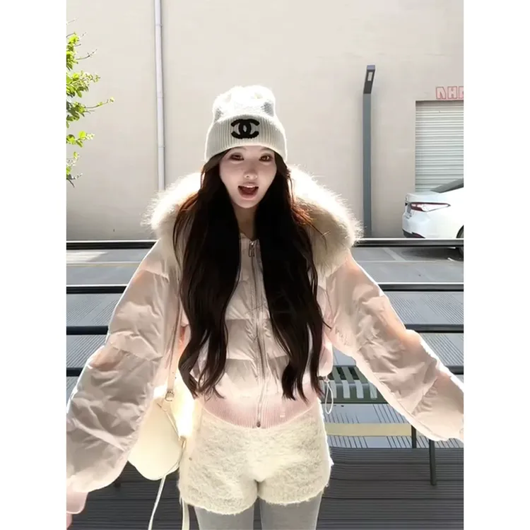 粉色甜美毛毛领棉服外套女2025冬季新款短款收腰显瘦长袖棉衣棉袄