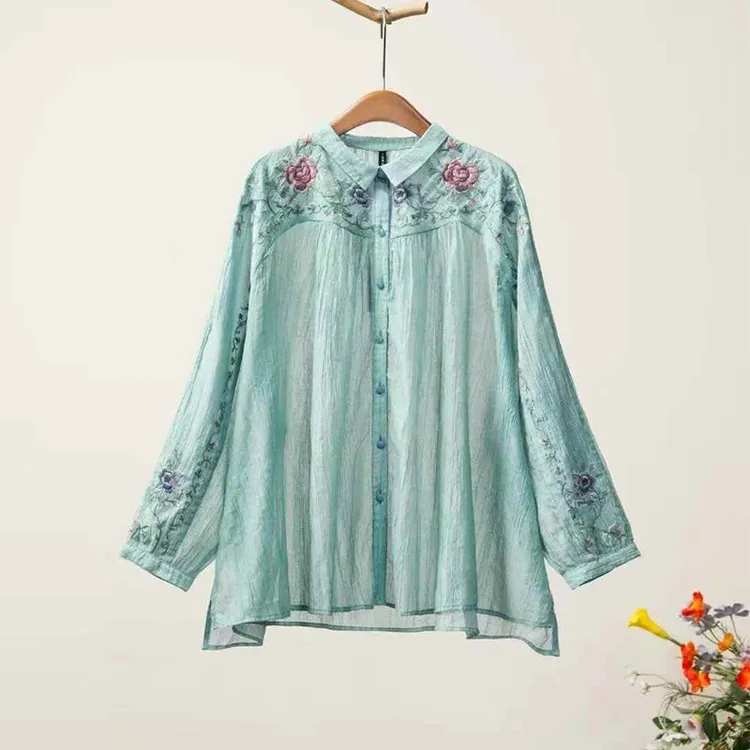 夏季2025千椿物禧新款新中式中国风高端刺绣POLO领短袖宽松衬衫女