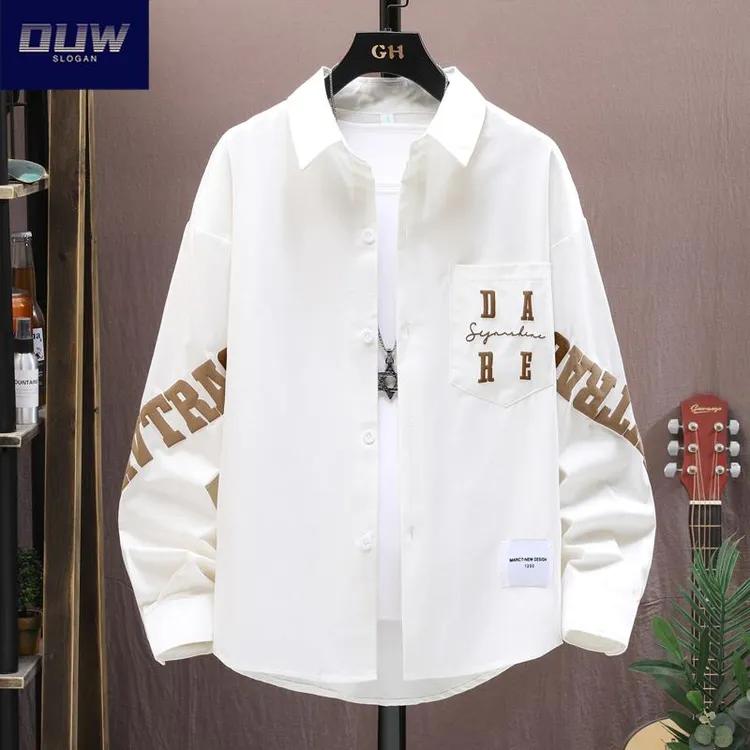O.U.W纯棉长袖衬衫男士2025初秋宽松衬衣青少年休闲寸衫百搭外套
