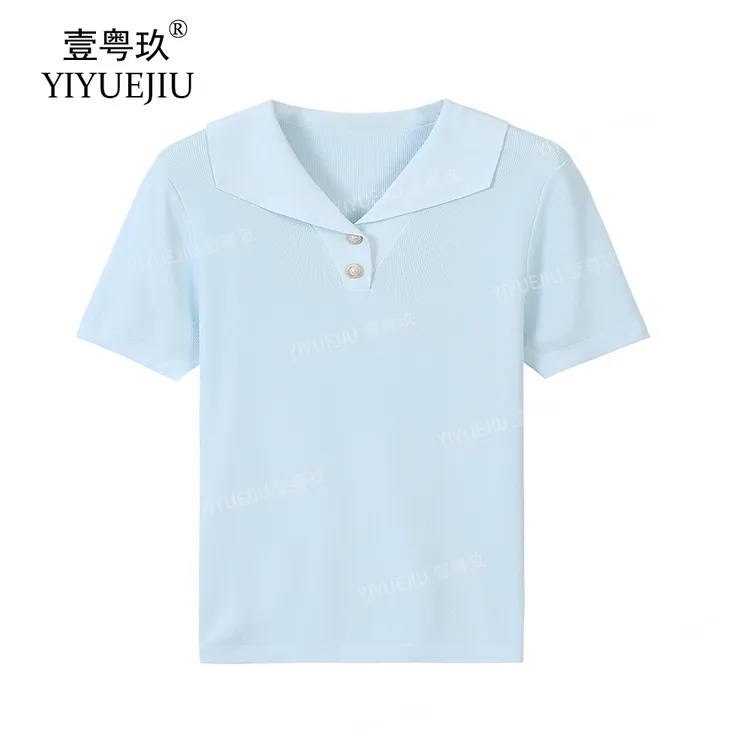 【现货】夏季冰麻韩系针织衫女百搭翻领T恤短袖简约休闲设计感上衣