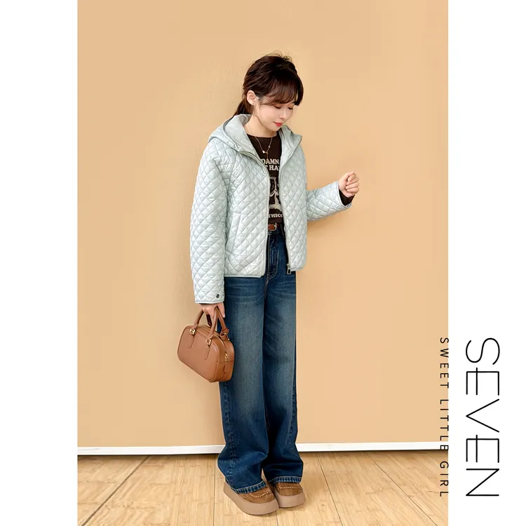 ⑦七七146小个子菱形格紫色连帽棉服外套女秋冬款加厚款棉衣小美说