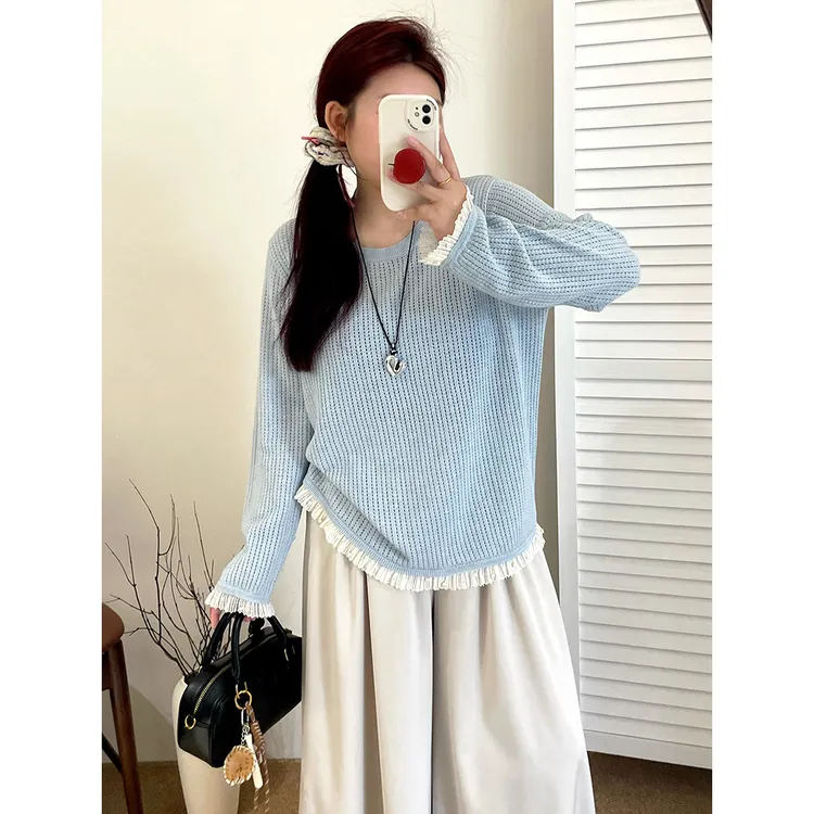 【憨娜】大码女装拼接花边镂空上衣2025秋胖mm休闲百搭针织衫23138