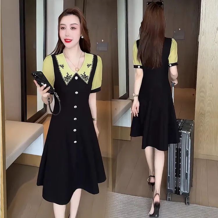 时尚雪纺连衣裙女2025夏季新款洋气法式小香风遮肚子显瘦A字裙子