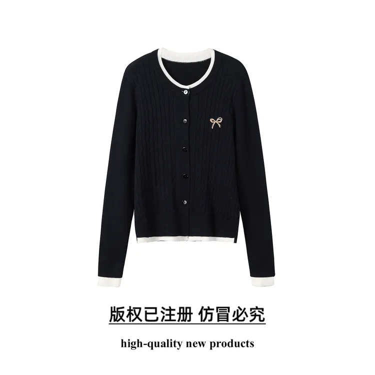 奢姿大码女装2025秋季胖妹妹时尚蝴蝶结装饰气质撞色圆领针织开衫