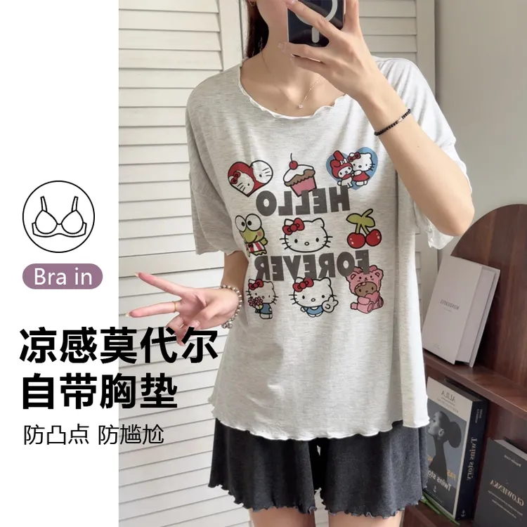 睡衣女夏季短袖短裤莫代尔两件套装卡通可爱KT猫大学生夏天家居服