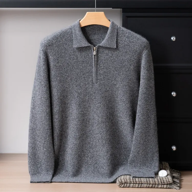 RHS-7732男士加厚纯山羊绒POLO领冬季保暖针织拉链商务休闲毛衣