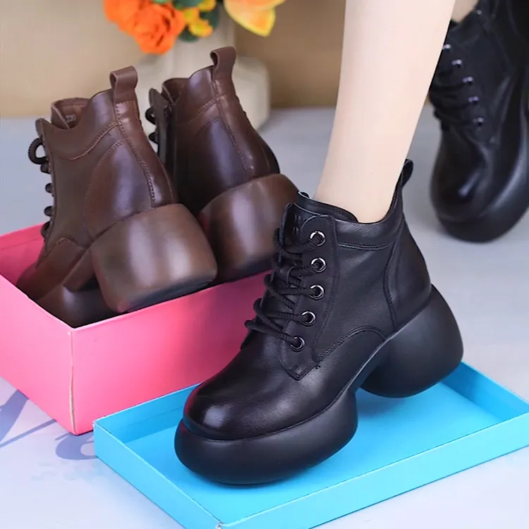 RY9898-1冬季新款真皮厚底马丁靴女松糕软底系带加绒羊毛保暖棉靴