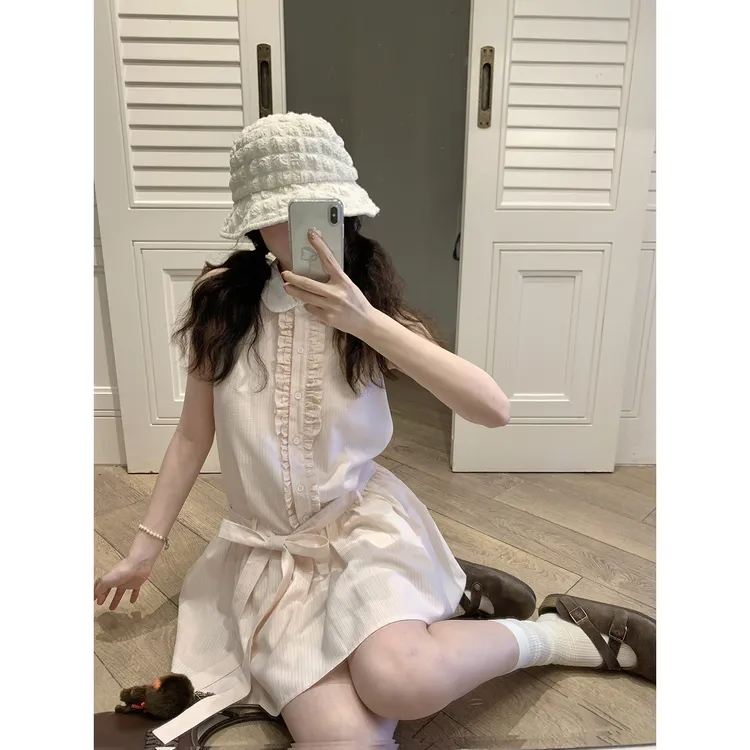 PtonUmi 甜芝少女 粉色条纹露肩娃娃领衬衫裙春游出行衣服连衣裙