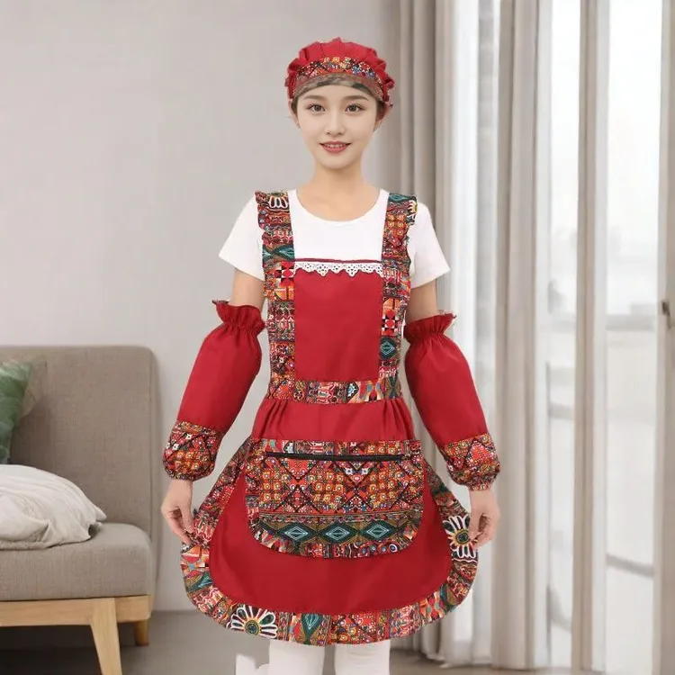 民族风碎花围裙2025新款厨房复古时尚中国风家用中式洋气荷叶防水