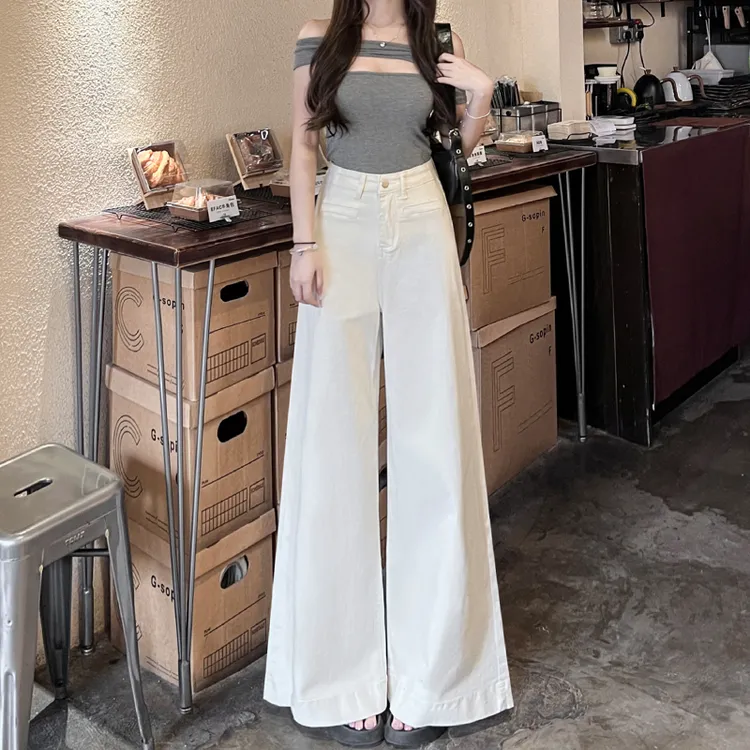 米白色高腰阔腿喇叭牛仔裤女2025秋季新款宽松显瘦遮肉垂感拖地裤
