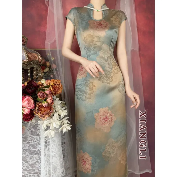 旗袍夏装显瘦国风复古连衣裙改良显瘦修身缎面新中式千金镂空开叉