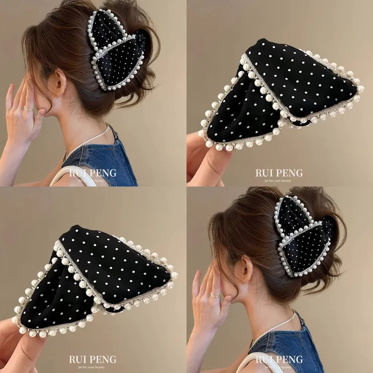 气质黑色珍珠波点发夹女后脑勺发卡夹子新款抓夹高级感鲨鱼夹大号