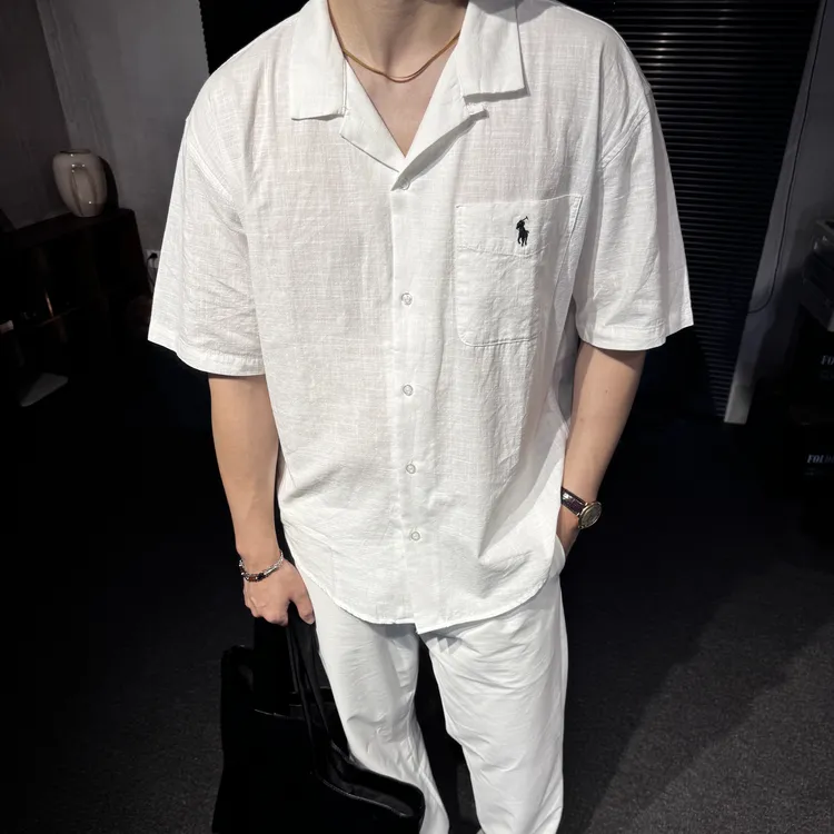 Bp.麻棉小马刺绣古巴领短袖衬衫男春夏季2025新款休闲衬衣亚麻