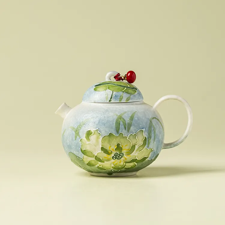 赞朴茶壶陶瓷单壶荷畔映波蓝圆肚泡茶壶家用小清新泡茶器高档茶具