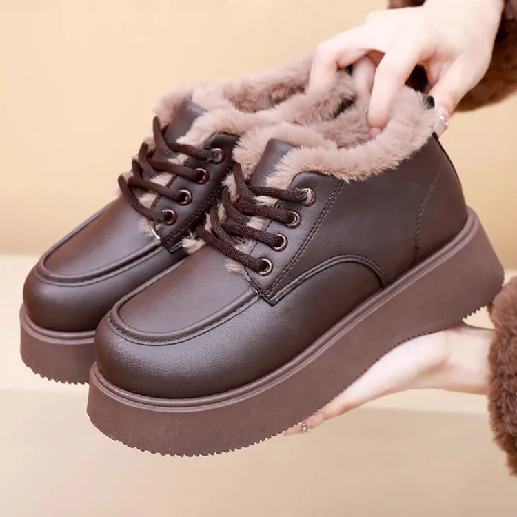 2026冬季新款老北京棉鞋女加绒加厚保暖雪地靴厚底增高皮面乐福鞋