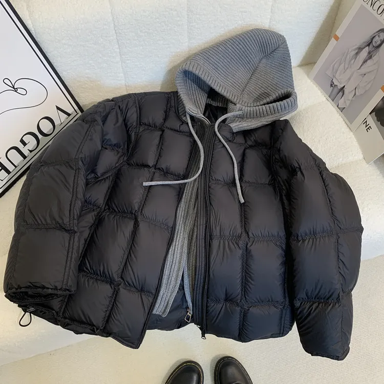 针织连帽泡芙羽绒服女短款白鸭绒韩版宽松假两件小方块外套加厚