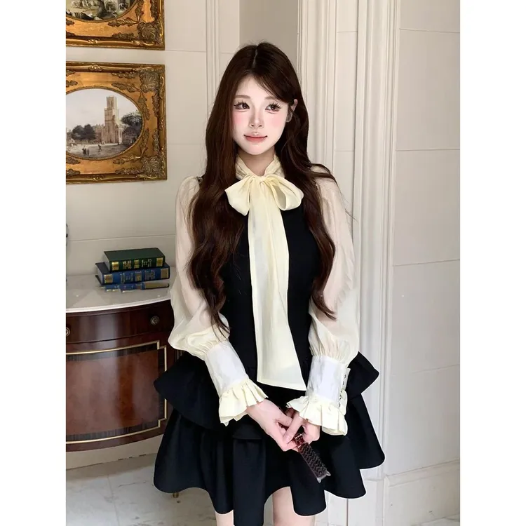 【中古黑巧】早秋蝴蝶结长袖衬衫/设计感显瘦连衣裙两件套减龄ins