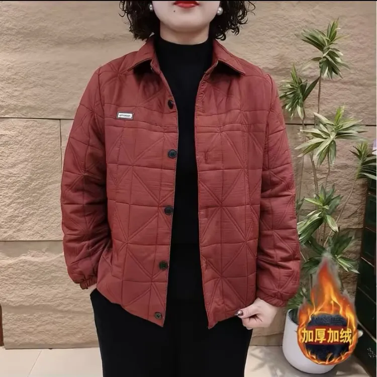 中老年女装冬季时尚新款妈妈款加绒短外套菱形格加绒保暖秋冬棉妖