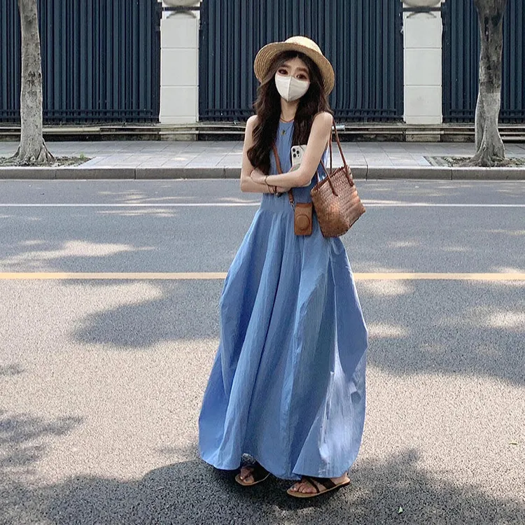 韩系慵懒风蓝色背心连衣裙女夏季高腰气质宽松显瘦中长款字裙子