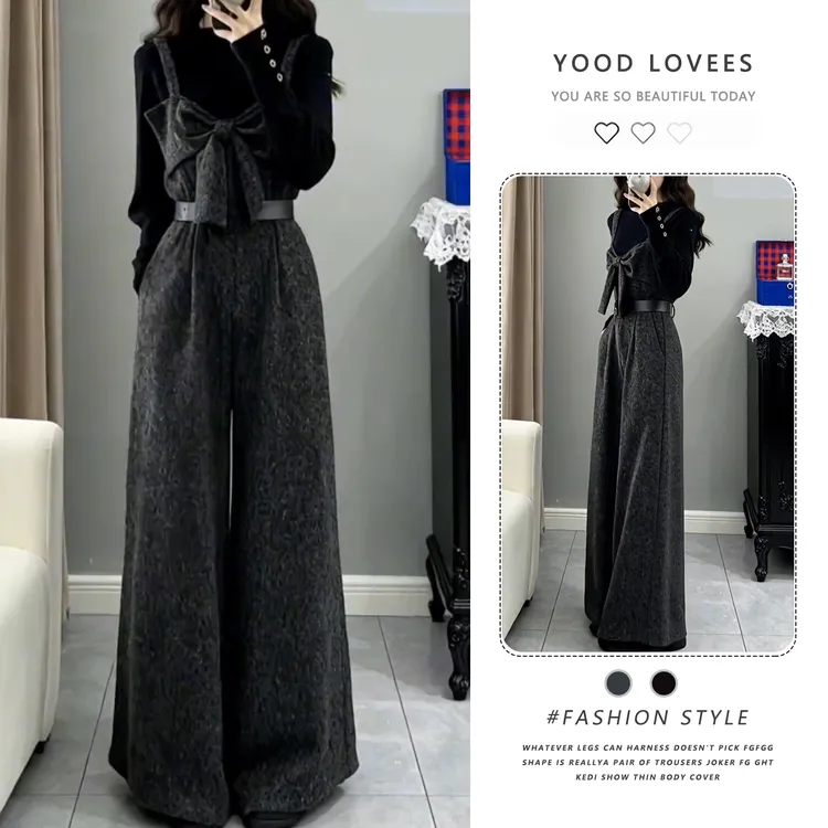 2025秋冬新款百搭简约气质上衣针织搭时尚背带裤减龄蝴蝶结两件套