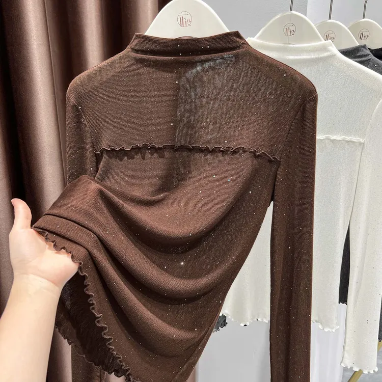 半高领网纱打底衫内搭叠穿秋冬超好看木耳边小衫女咖色亮闪闪上衣