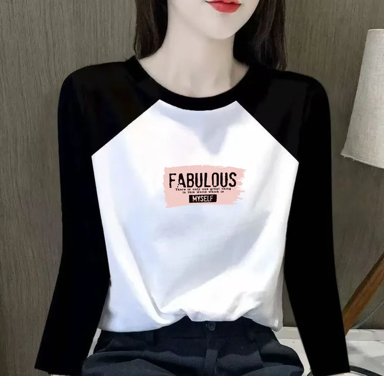 纯棉长袖T恤女春秋新款韩版撞色拼接宽松洋气显瘦圆领印花秋衣潮