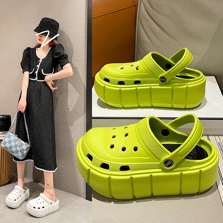 新款高跟绿色洞洞鞋女ins潮夏季外穿防滑时尚网红爆款轻便凉拖鞋
