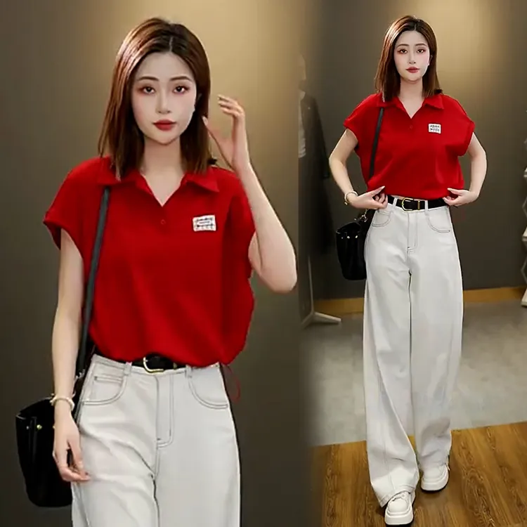 洋气减龄polo领短袖t恤女2025年夏季新款小个子宽松遮肉显瘦上衣