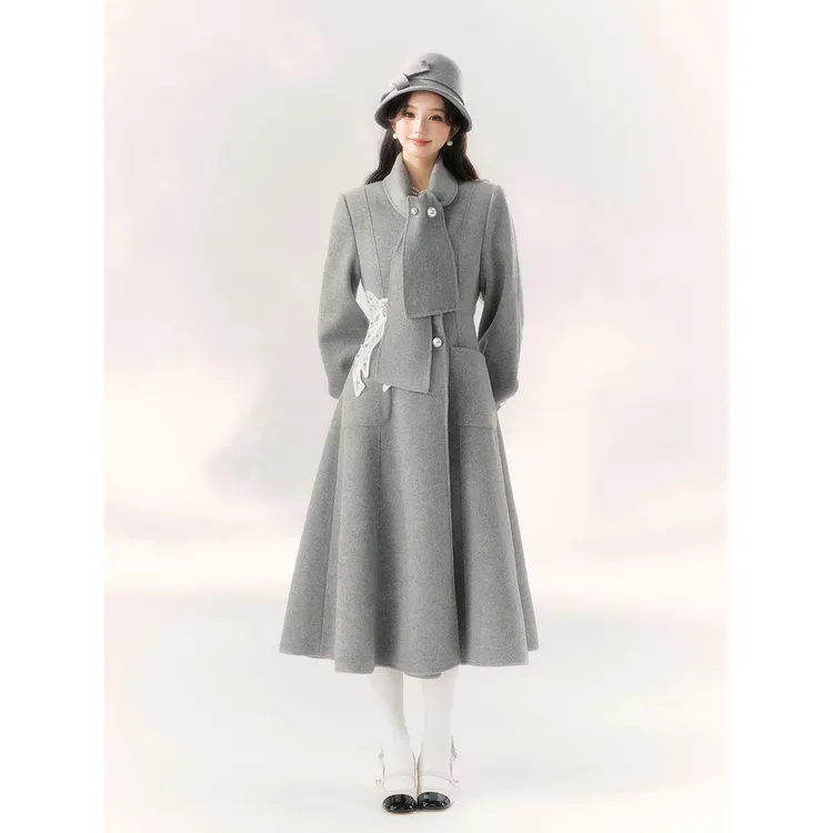 雾霾伦敦法式蝴蝶结围巾领毛呢大衣2024冬季高级感气质收腰外套