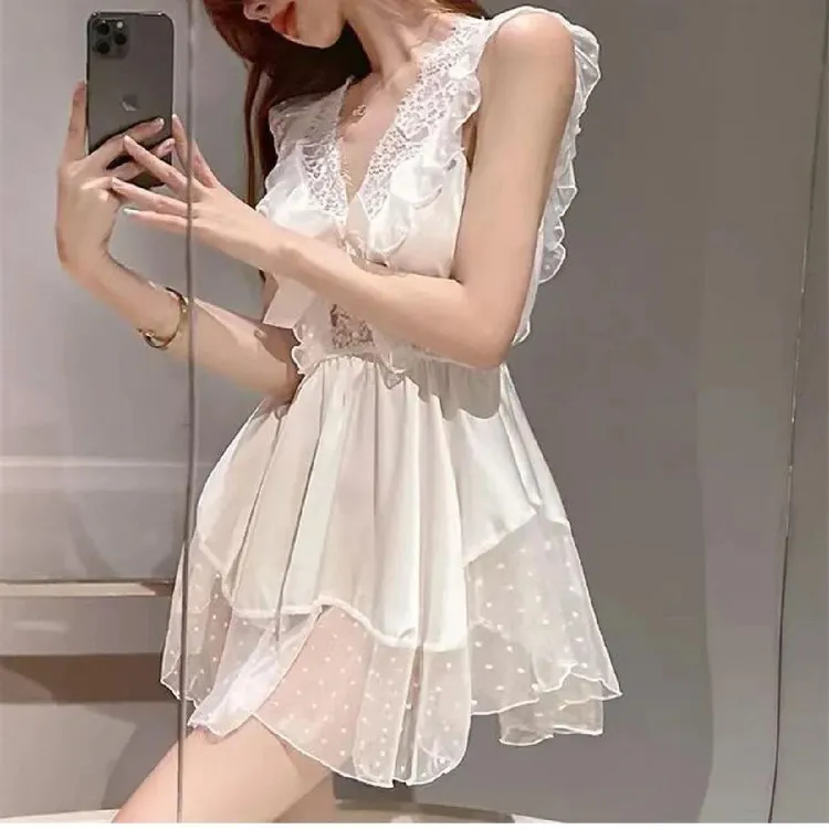 GPSUNLU网红风甜美蕾丝白色吊带性感睡裙夏款冰丝带胸垫女性睡衣